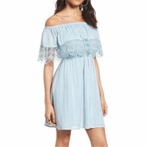 Off-Shoulder Lace Trim Dress - Light Blue